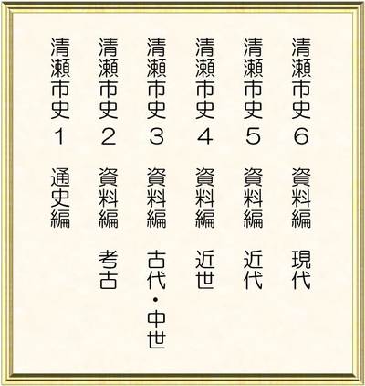 清瀬市史1　通史編　清瀬市史2　資料編　考古　清瀬市史3　資料編　古代・中世　清瀬市史4　資料編　近世　清瀬市史5　資料編　近代　清瀬市史6　資料編　現代