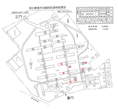 配置図：昭和31年の清瀬病院病棟配置図に開院当時からの主な建物に赤い丸で印をつけたもの