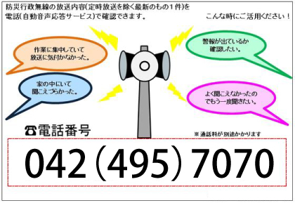 防災行政無線の放送内容（定時放送を除く最新のもの1件）を電話（自動音声応答サービス）で確認できます。電話番号042-495-7070