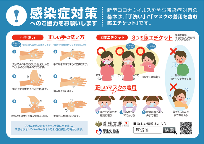 新型コロナウイルスを含む感染症対策の基本は、「手洗い」や「マスクの着用を含む咳エチケット」です。