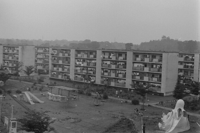 写真：昭和45年の野塩団地、高いところから団地の公園を見下ろしている、公園にはタコ型の大きな滑り台などがおかれている