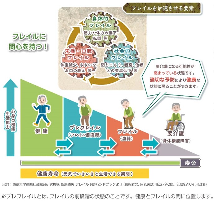 この図はフレイル概念図です。左から右に時間が進み年を取っていきます。下に三角形がありますが右に進むほど面積が狭くなり、生活能力や気力などが減っていく様子を表しています。健康→フレイル（虚弱）→要介護と時間と共に進みます。フレイルのところに位置する人が適切なフレイル予防により健康な状態に戻ることもできます。