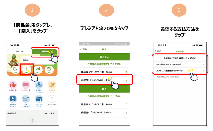 商品券をタップし、購入をタップ、申込んだ券種を選択、希望する支払方法を選んでタップ