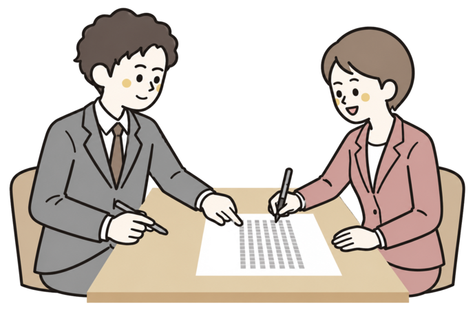 クーリング・オフ通知を教えてもらいながら記入している女性